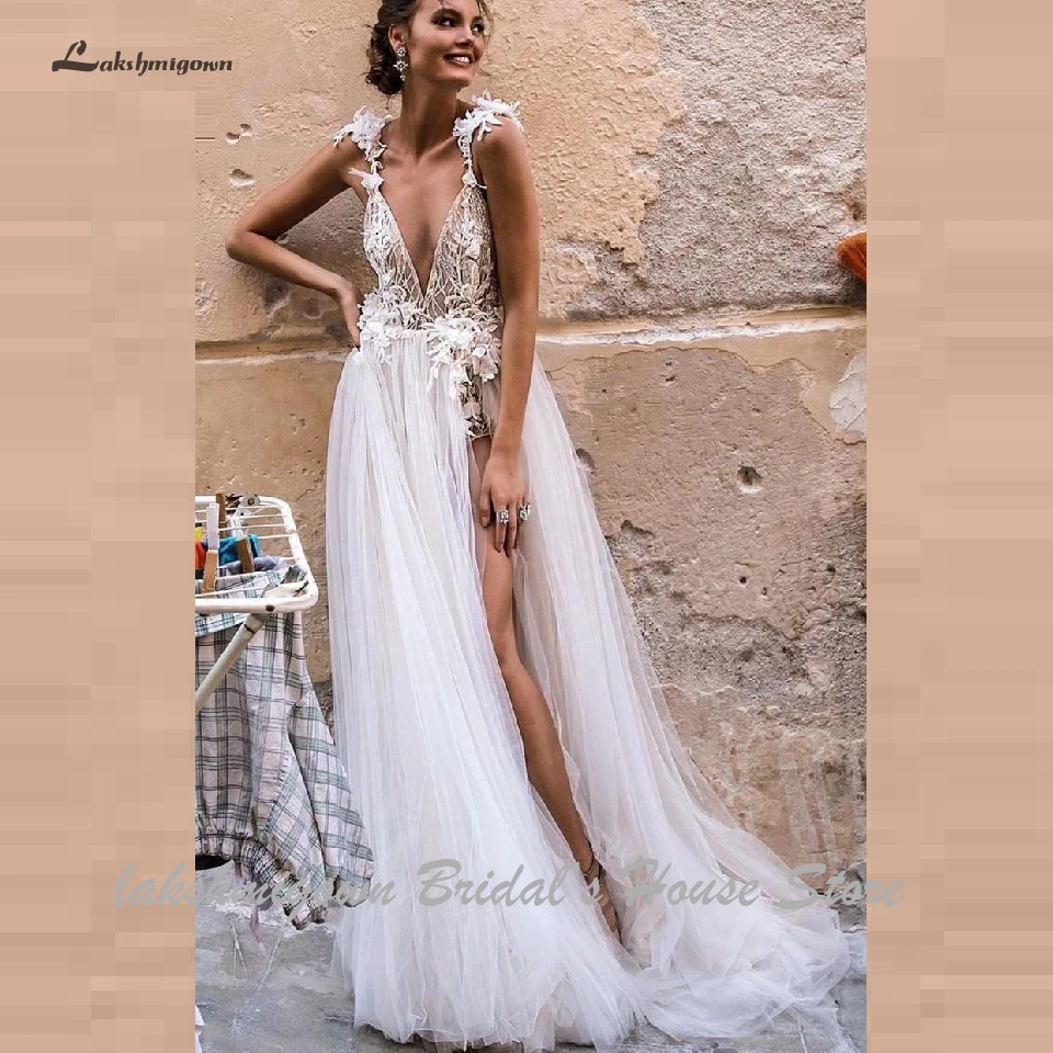 Сексуальное богемное свадебное платье, Пляжное свадебное платье с разрезом, открытая спина, 3D цветок, бисер, Vestidos de Novia, Плайя, свадебное платье