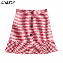 CHBBLF Женская милая клетчатая твидовая ткань красные пуговицы для юбки летающий дизайн винтажные женские стильные мини юбки mujer BGB9560