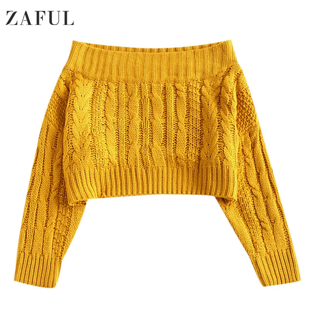 Zaful осенний Однотонный женский Повседневный свитер с открытыми плечами, женские пуловеры, вязаный полосатый женский укороченный свитер