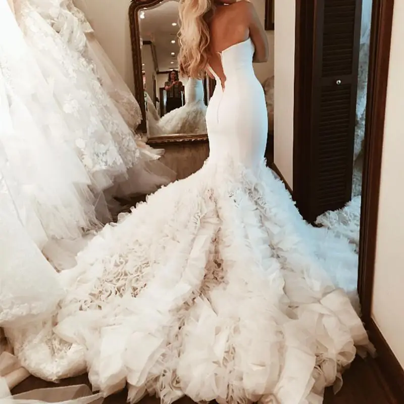 Элегантное атласное свадебное платье русалки с оборками многоярусные юбки