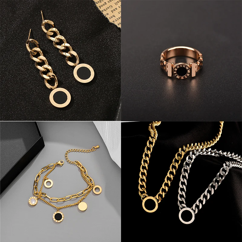 Jewelry Sets Jewelry Set Women Earrings Chain Necklace MEYRROYU Stainless Steel Punk Roman Numerals Fashion Jewelry Set For Women Bracelet Necklace Earrings Ring Trend Party Gift