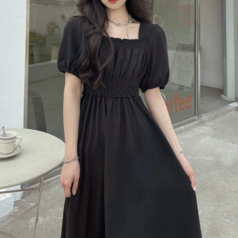 Houzhou Black Vintage Midi Dress Elegant Women Dresses Square Collar ...