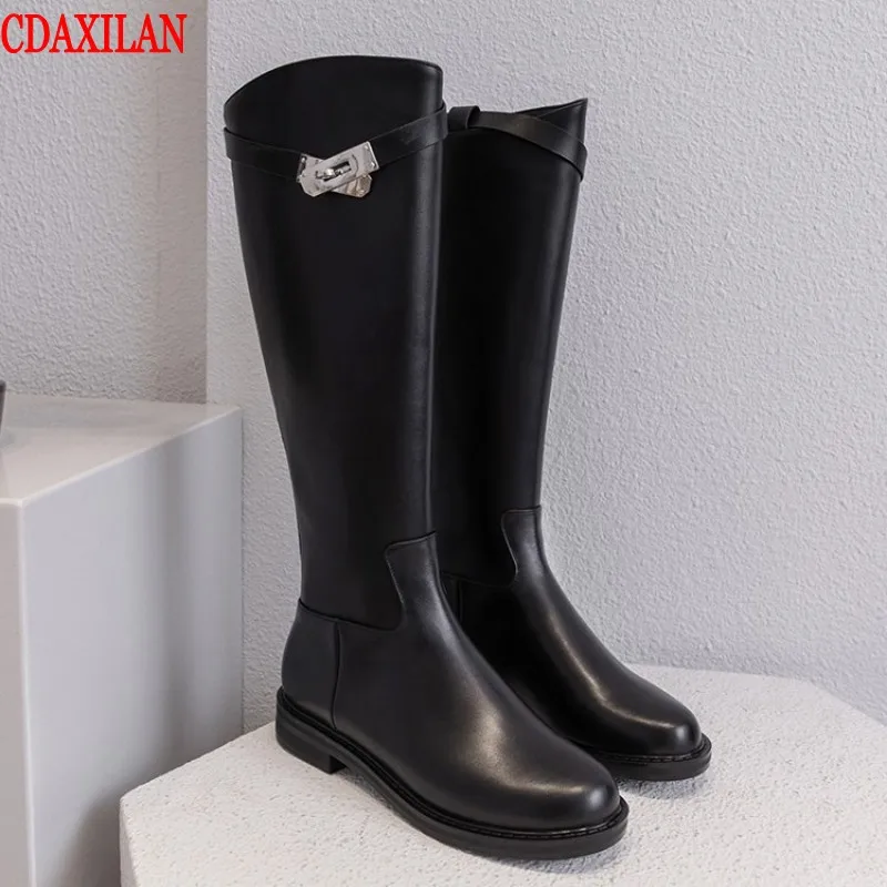 

CDAXIALN new arrival boots women genuine cow leather round toe square heels back zipper knee-high boots motorcycle boots winter