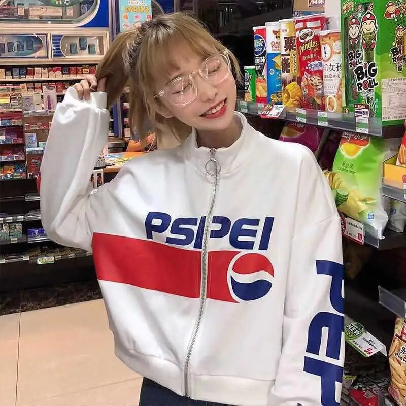 Толстовка на молнии размера плюс женская Kpop одежда осень Ulzzang уличный стиль Pepsi Графический Укороченный свитшот Schoolgill Топы