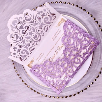 

Pocket Style Purple Glitter Laser Cut Wedding Invitation Kit Hollow Invitation Cards for Quince Engagement Business