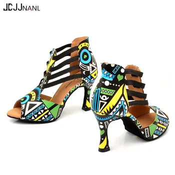

Latin Dance Shoes Ladies Dance Boots Elastic band adjustment Ballroom Dance Shoes Blue African texture Shoes