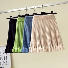 Винтаж шерсть из плотной ткани в складку Осень Мини Короткая зимняя вязаная юбка покроя "Русалка" Для женщин Плиссированное Высокая Талия Повседневное Falda трапециевидной формы ретро-юбки