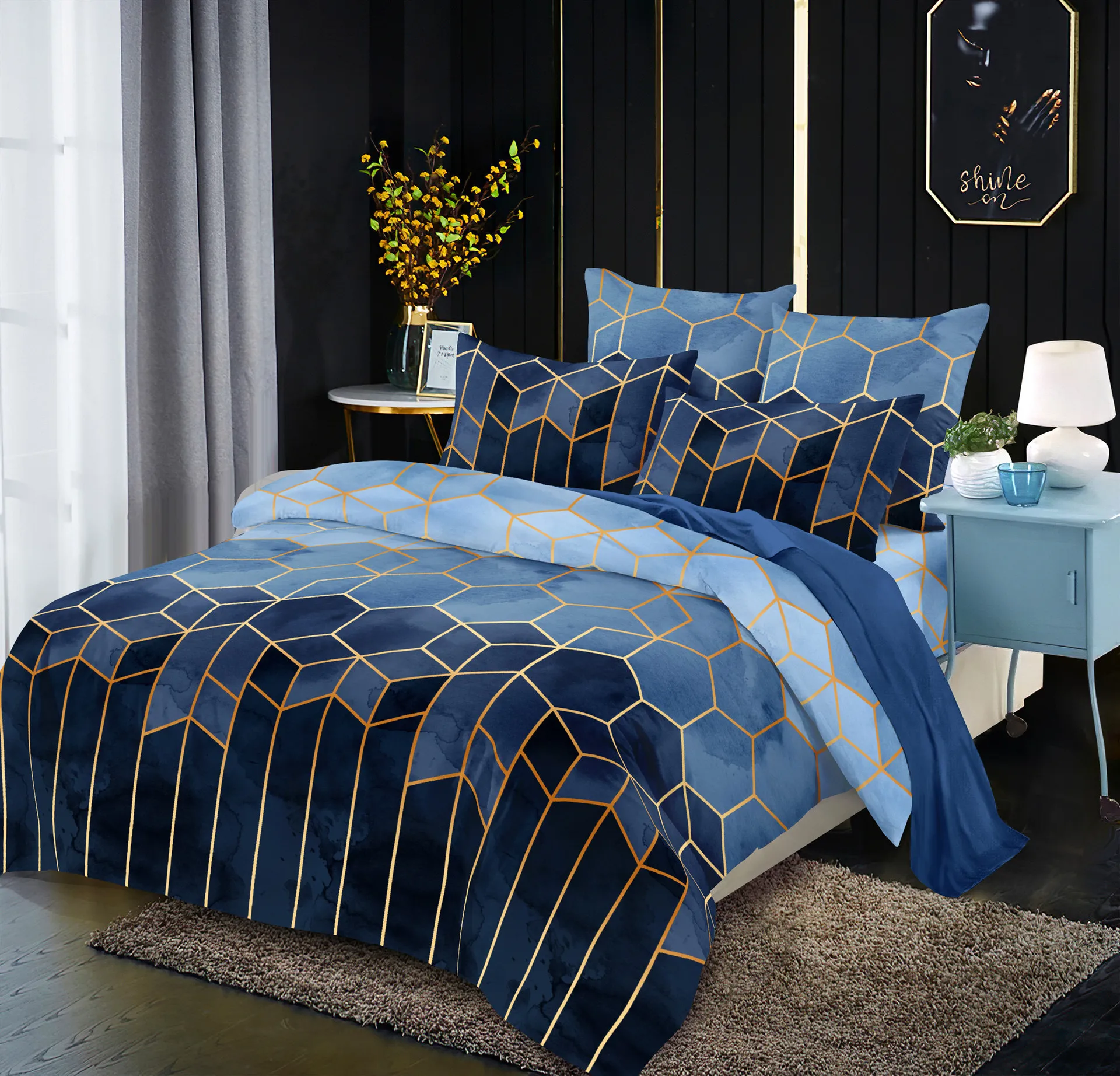 Blue Geometry Duvet Cover Bed Linens King Size Comforter Bedding Sets 3pcs For AduletBedding