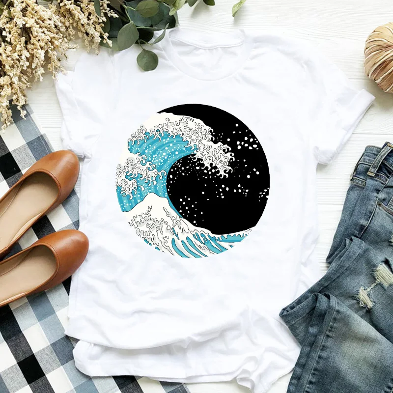 

Women Lady T Shirt Wave Ocean Printed Tshirt Ladies Short Sleeve Loose Tee Shirt Women Female Tops Clothes Graphic T-shirt