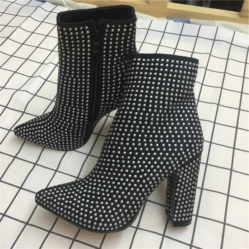 

2019 Luxury Design Boots Women Fetish Block 11cm High Heels Rivets Studded Ankle Booties Glitter Chunky Stripper Black Shoes