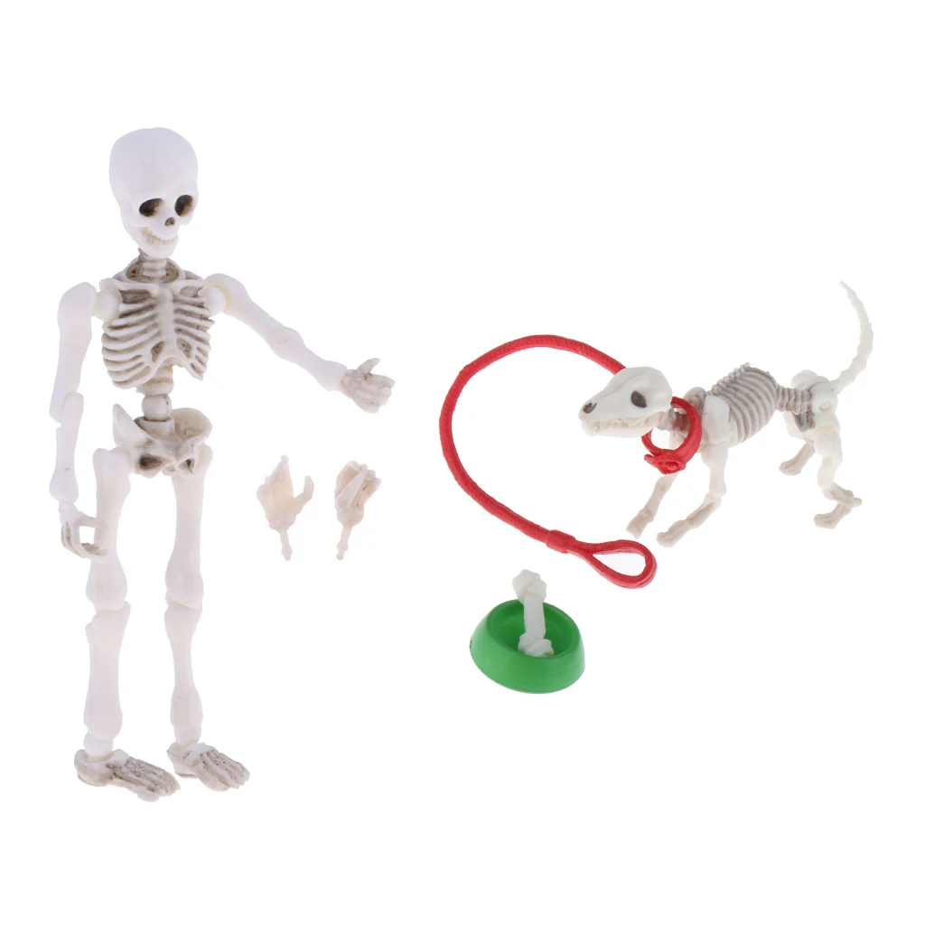 Mini Pose Skeleton Doll/Dog Joints Moveable Action Figure Collection Halloween Dollhouse Model Decorations Set for Friends