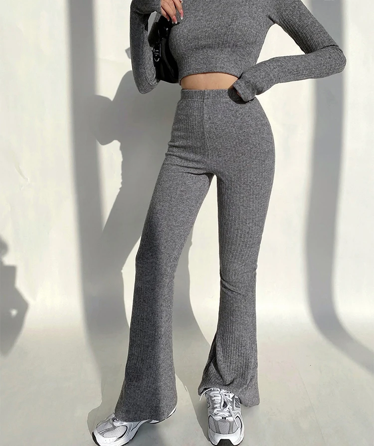 Sun-imperial - women grey high neck ribbed long sleeve crop top and ...
