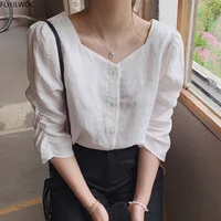 2020 Fall Autumn Basic Shirt Single Breasted Button Tops Cute Preppy Style Japan Korea Chic Vintage Blouse Solid White Women Top 1