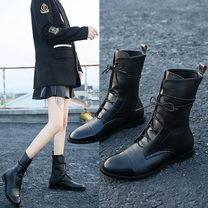 

2019 Autumn And Winter New Style Lace-up Martin Boots Women's British-Style Flat Tube Short Boots