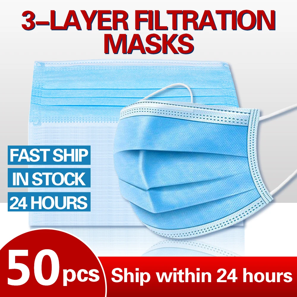 

50pcs Disposable Face Mouth Masks Anti PM2.5 Masks Anti Pollution Mask Non-woven Masks Face 3 Layers Earloop Mask