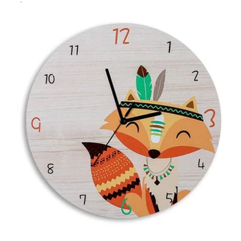

Fox Cartoon Wooden Round Shaped Wall Clock Kids Room Decor Silent Quartz Wall Clock Nursery Shower Gift Home Decoration