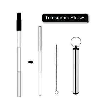 

Telescopic Reusable Drinking Straws Stainless Steel Metal Straws Food-Grade Folding Straws Keychain Set with Case Cleaning Brush