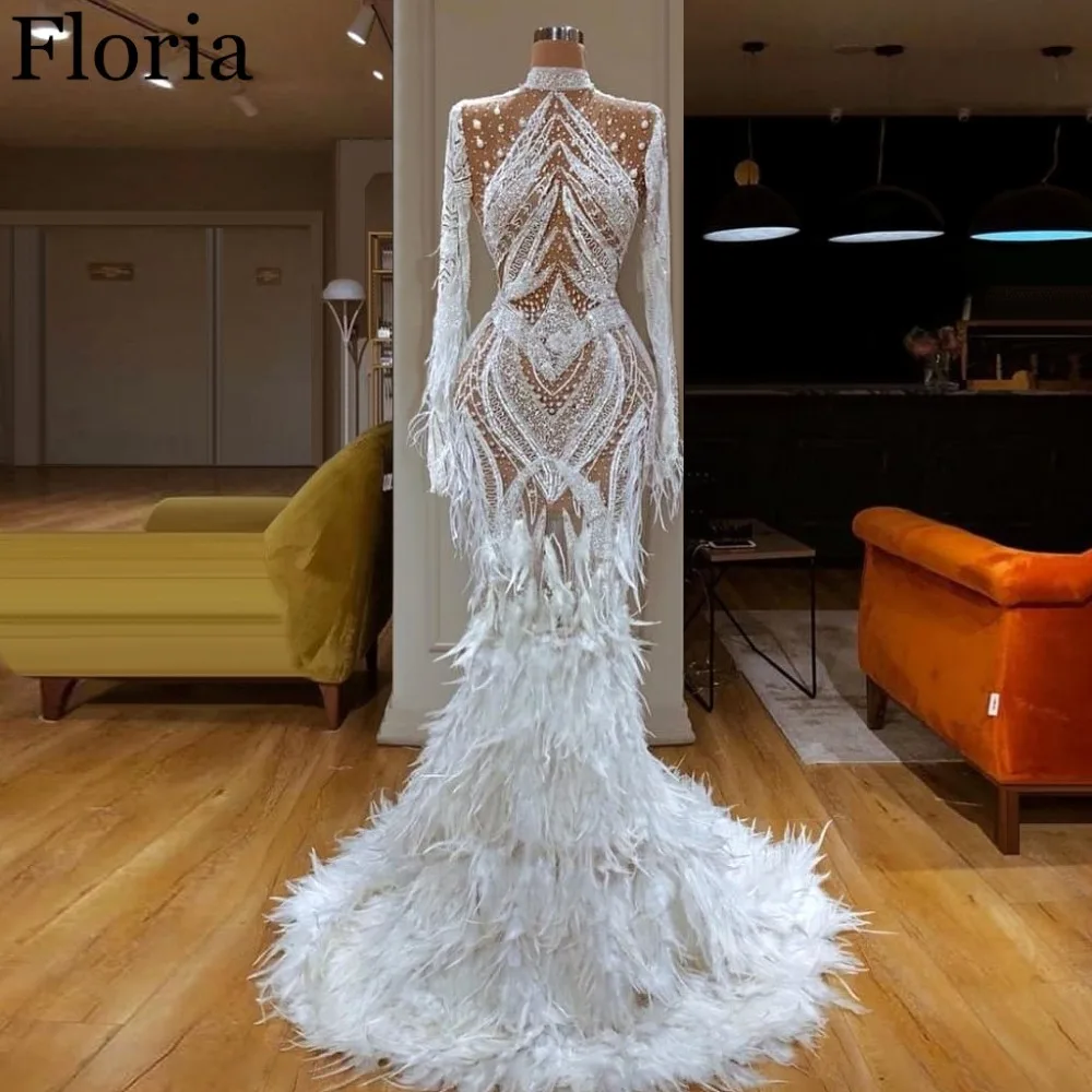 Великолепное платье для выпускного вечера с белыми перьями, длинное платье русалки Abendkleider, официальное просвечивающее вечернее платье, халат De Soiree, арабское платье знаменитостей