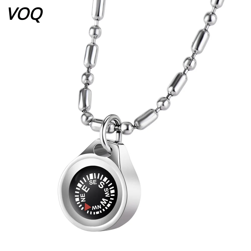 VOQ Outdoor Survival Rescue Compass Pendant Stainless Steel Bead Chains Long Necklace for Men and Women Adventure Travel Jewelry | Украшения