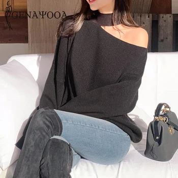 

Genayooa Womens Knit Off Shoulder Sweater Cashmere Long Sleeve Women Turtleneck Sweater Black Women Loose Pullover Jumper Ladies