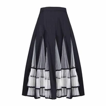 [YaLee] Новая мода лето осень хит цвет Высокая талия сшивание сетки слово свободные Плиссированные Половина тела юбка для женщин N235