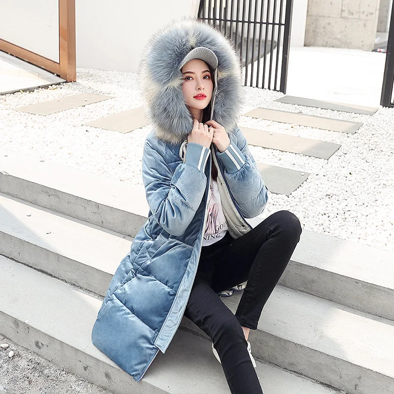 

Winter New Style Korean-style Women's Large Fur Collar Solid Color Long Have Knee 2019 Gold Velvet Thick Cotton Coat Cotton-padd