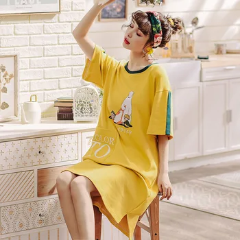 

Cute Cartoon Sleepwear Women Summer Short Sleeve Nightdress Cotton Loose Casual Homewear Outerwear Round Neck Nightgown S170