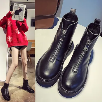 

New fashionable leather women's boots winter plus velvet zipper women's shoes
