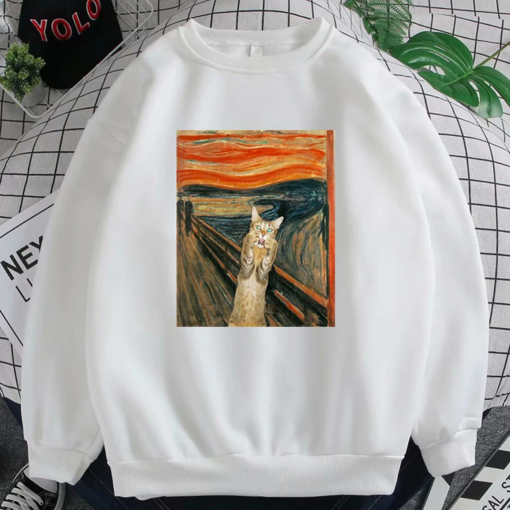 

Surprised Kitten Oil Painting Womens Sweatshirt Vintage Aesthetics Pullover Women Oversized Streetwear O-Neck Hoodie 2020 Female