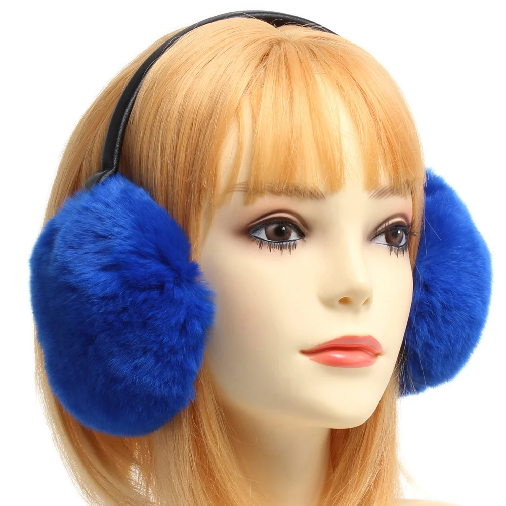 New Arrival Winter Women Warm Natural Rex Rabbit Fur Earmuff Lady Fashion Fluffy Pompoms Genuine Rex Rabbit Fur Earlap