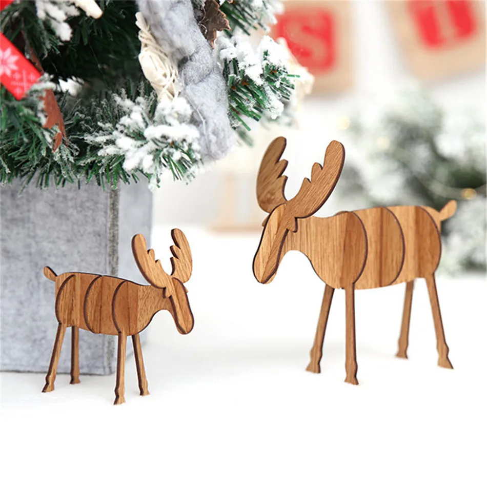 SEAAN Wood Christmas Elk Deer Ornaments Xmas Tree Hanging Desktop Decoration Gift Top Xmas Table Decoration