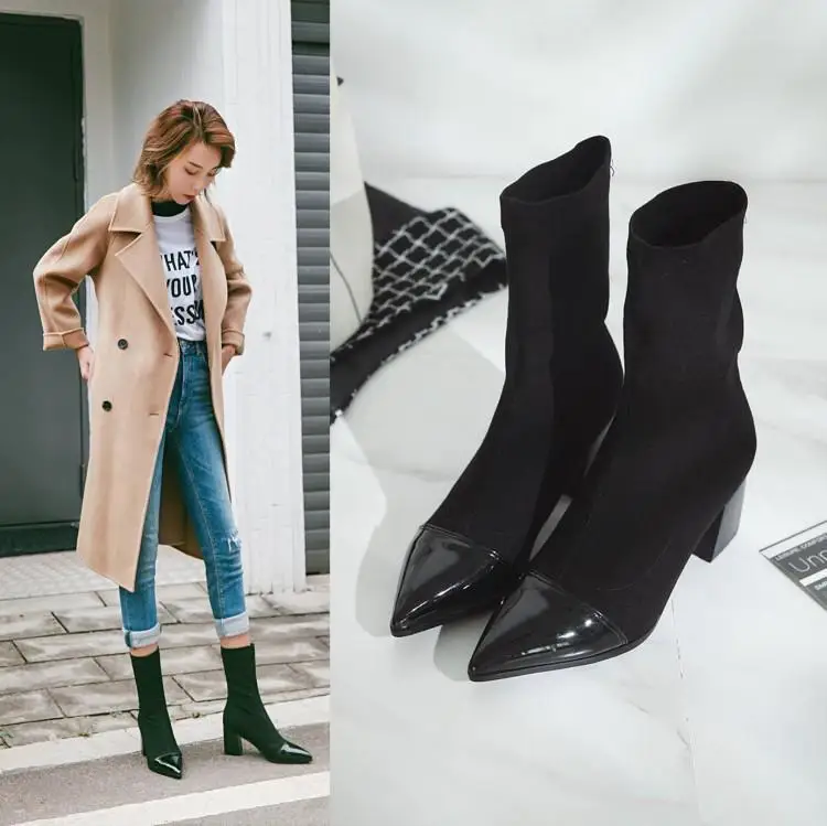 

2019 Women Boots Fashion Pointed Toe Square Heel Woman Boots Winter Shoes Faux Fur Adhesive Shoes Warm Ankle Boots Size 34-43