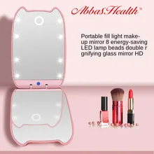 AbbasHealth Mini Cat Ear Portable LED Makeup Mirror Folding Girl Silver Double-Sided Foldable Makeup Mirror With Led Light