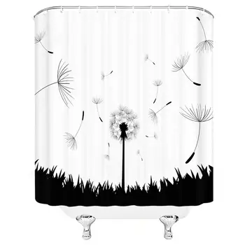 

Flower Shower Curtain Set Dandelion Spring Season Polyester Bathroom Decoration 70×70 Inch with Hook Hole Black White
