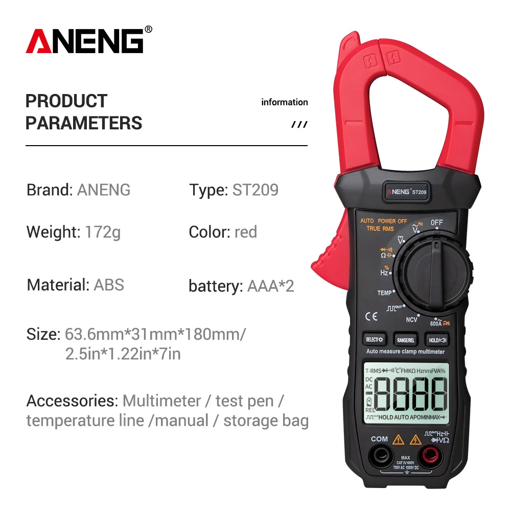 ANENG ST209 цифровой измеритель мультиметра 6000 отсчетов True RMS Amp DC/AC токовый зажим тестер 400 В автоматический измеритель дистанции вольтметр - Цвет: Красный