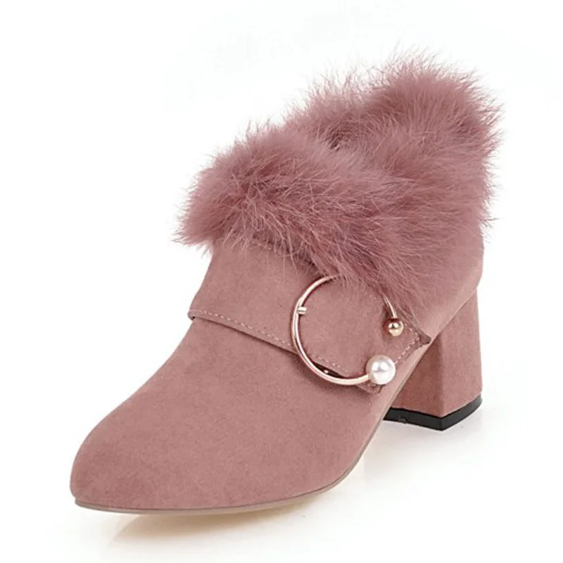 

KALENMOS Women High Quality Pointed Toe Mid Heels Ankle Boots Office Ladies Sexy Zipper Shoes Woman Pink Party Boots Size 33-43