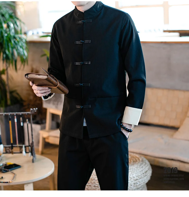 Classic Chinese Style Mens Sets High Quality Stand Collar Embroidery Men Jacket and Pants Size S M
