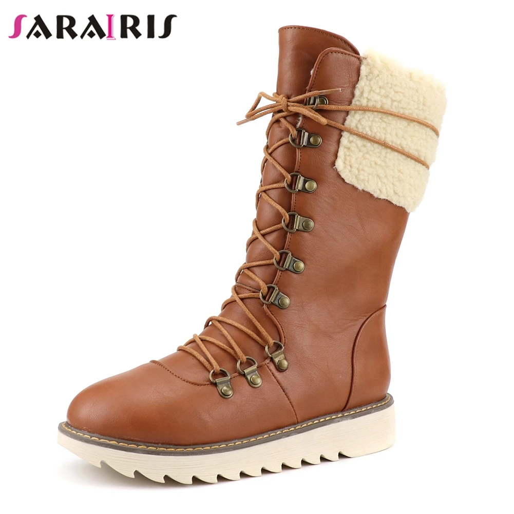 

SARAIRIS New Arrival lace-up mid-calf Snow Boots Women 2019 Winter non-slip Warm Fur Boots Ladies Casual Wedges Shoes Woman