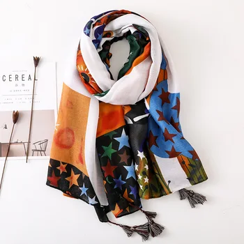 

KYQIAO luxury head scarf women autumn winter Korean style bohemian ethnic long five-pointed star printed scarf pashmina