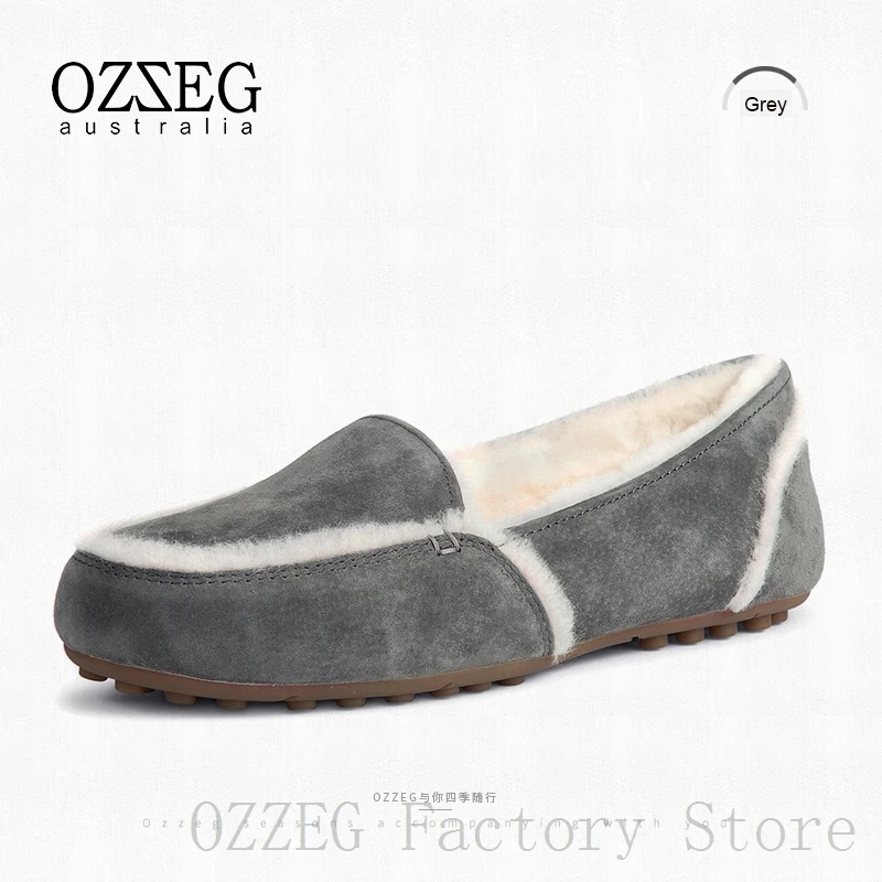 OZZEG/Роскошная брендовая дизайнерская обувь; женские зимние лоферы из натуральной кожи на плоской подошве с австралийским овечьим мехом; женская обувь; цвет розовый, коричневый, серый, кофейный - Цвет: Серый