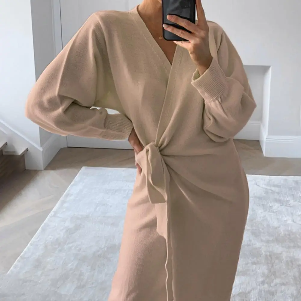 Women Knit Sweater Casual Lace-up Long Skirt For Ladies Solid Color Slim Long One Piece Dress Casual Full Sleeve Clothing 2