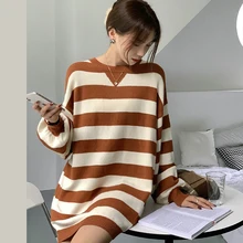 

Sweaters Women Ulzzang Stripe Chic Vintage O-neck Daily Oversize Preppy Girls Knitwear Fall Casual All-match Ins Womens Sweater