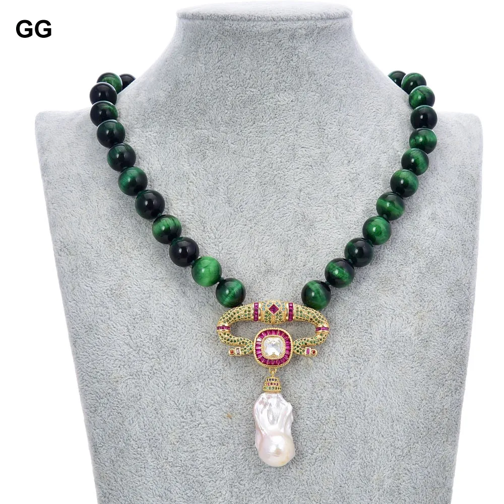 

G-G 18" 12mm Green Tiger Eye round Necklace White Keshi Pearl Cz pave gold colr plated Pendant necklace for women