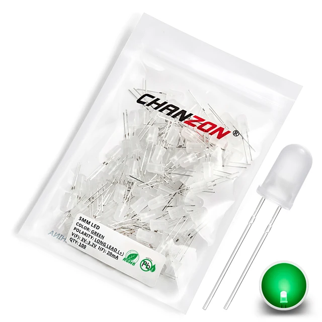 Diffused 5mm Led Diode Kit White Red Green Blue Yellow Orange 2V 3V Bulb Light Emitting Assortment Set Diy Arduino Pcb Circuit 100pcs Green Frosted