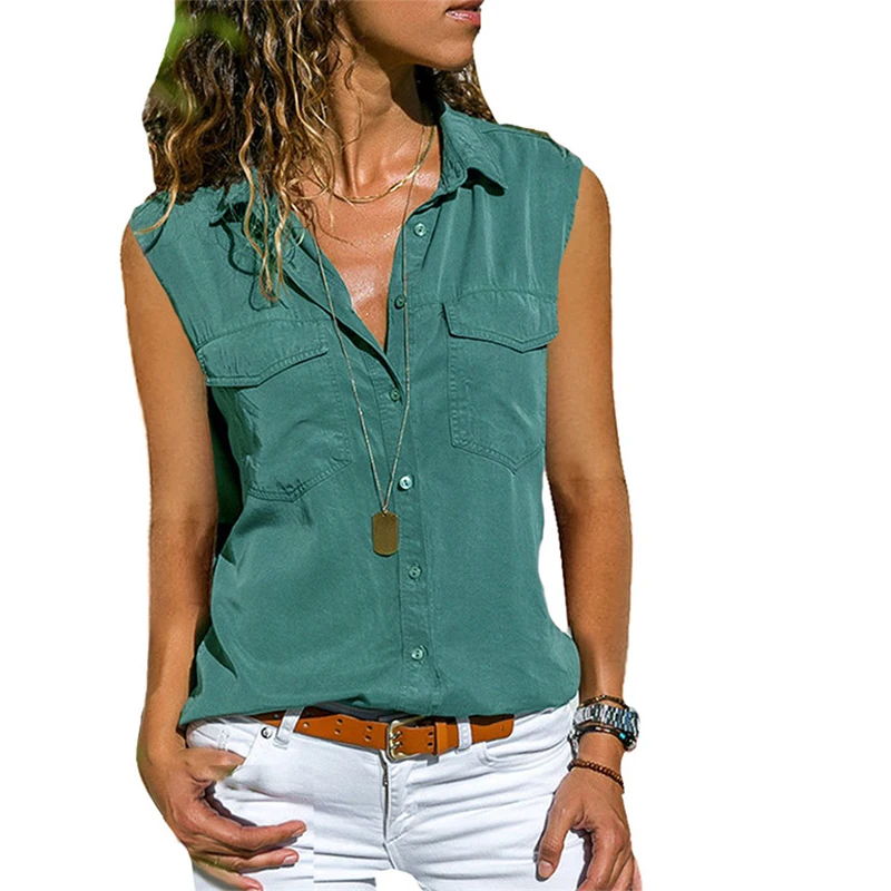 

Plus Size 8XL Blouse Shirt Women Summer Sleeveless Pocket Women Shirts Solid Turn-down Top Blouse 2019 Fashion Women Clothing