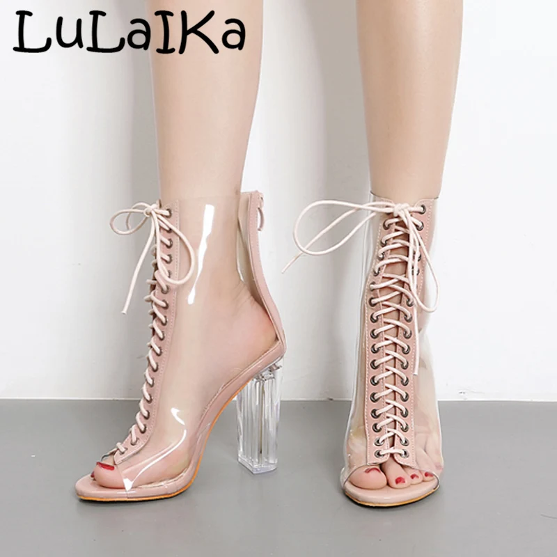 

LuLaIKa2019Sexy Women's Summer Sandals Fashion PVC Transparent Sandals Cross Straps Open Toe Transparent Thick Heels Ankle Boots