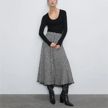 

2019 Houndstooth Winter Long Skirt Women Za High Waist Retro Long Section Check Skirts Fashion Clothing Streetwear