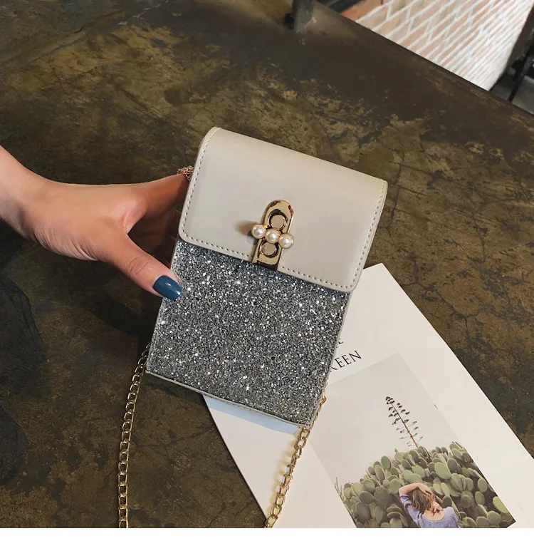 

Mini Mobile Phone Bag 2019 New Style Pearl Lock Square Sling Bag Cute Versatile Sequin Shoulder WOMEN'S Bag