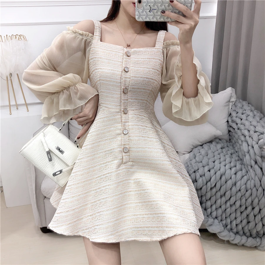 

Small Fragrance Wind Slash Collar Dress Woman Sexy Off Shoulder Sling Dress High Waist Chiffon Sleeve Patch Princess Dresses