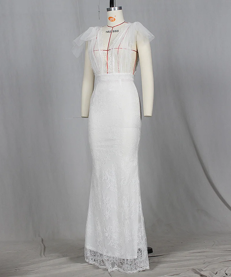 Beyprern элегантное белое вышитое Макси-платье с русалочкой женское сексуальное платье с глубоким v-образным вырезом, кружевное Макси платье свадебное бохо-платье